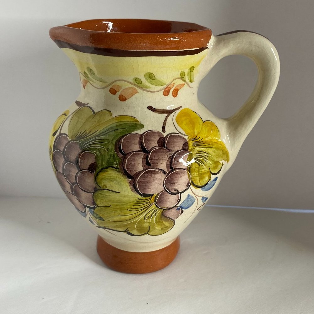 Redware Vintage Stoneware Pitcher Hand Painted Made in Portugal